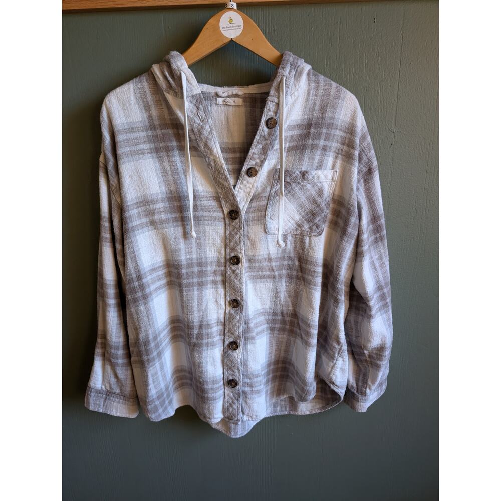 L Maurices Grey & White Plaid Flannel Hoodie